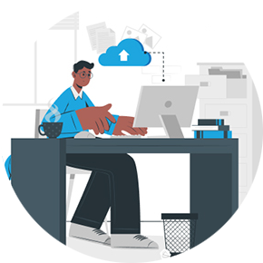 Desenho de uma pessoa sentada numa cadeira e mesa trabalhando